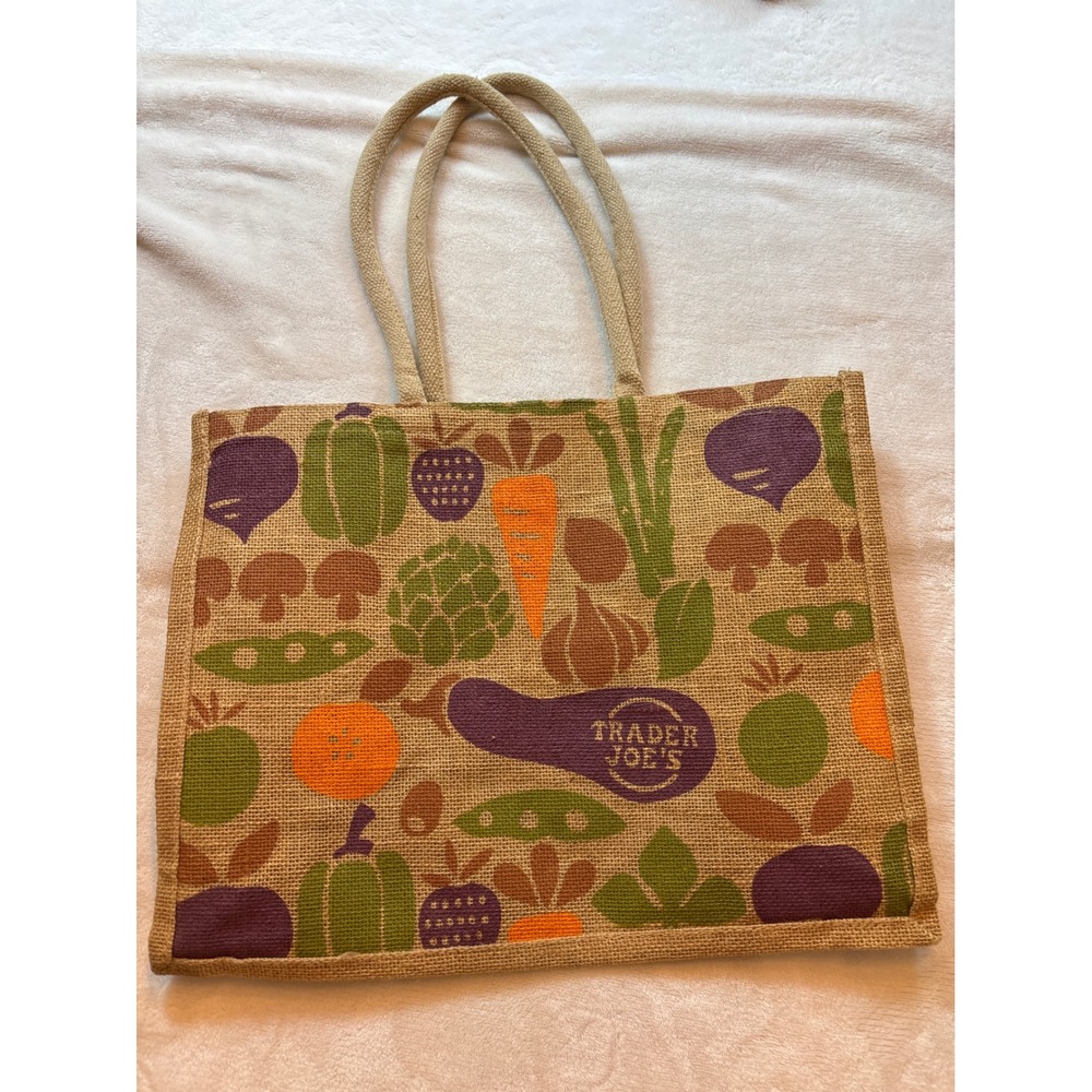 Trader Joe's Jute Burlap Vegetable Print Reusable Grocery Tote Bag Tan Multi